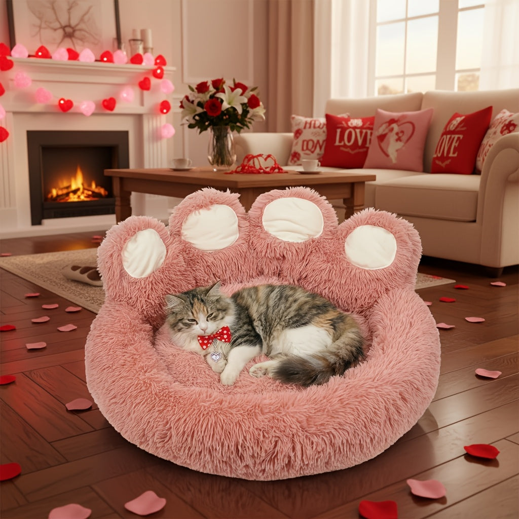 Dog Bed Cat Bed Bear Paw Shaped Donut – Calming Round Plush Pet Mattress, Warm & Soft Cuddler Bed for Dogs and Cats, Includes Pet Scarf