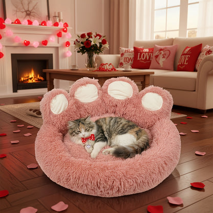 Dog Bed Cat Bed Bear Paw Shaped Donut – Calming Round Plush Pet Mattress, Warm & Soft Cuddler Bed for Dogs and Cats, Includes Pet Scarf