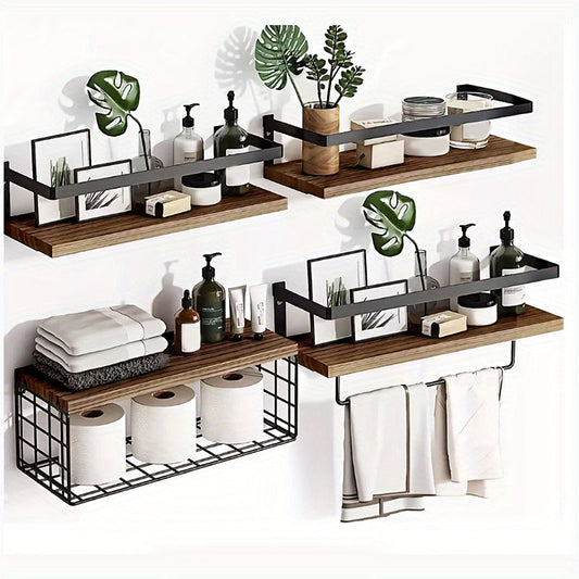 Rustic Wall-Mounted Shelf Sets in Two- or Four-Piece Configurations with Wood Platforms and Black Metal Storage Racks