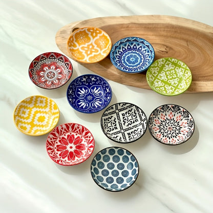Ceramic Condiment Dish Set of 10, Bohemian Small Saucer Dipping Bowls for Soy Sauce, Vinegar & Spices