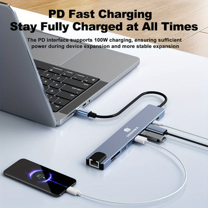10-in-1 USB-C Hub Ethernet Adapter with 4K HDMI, RJ45 Gigabit LAN, 100W PD, SD/TF Card Reader, USB 3.0/2.0