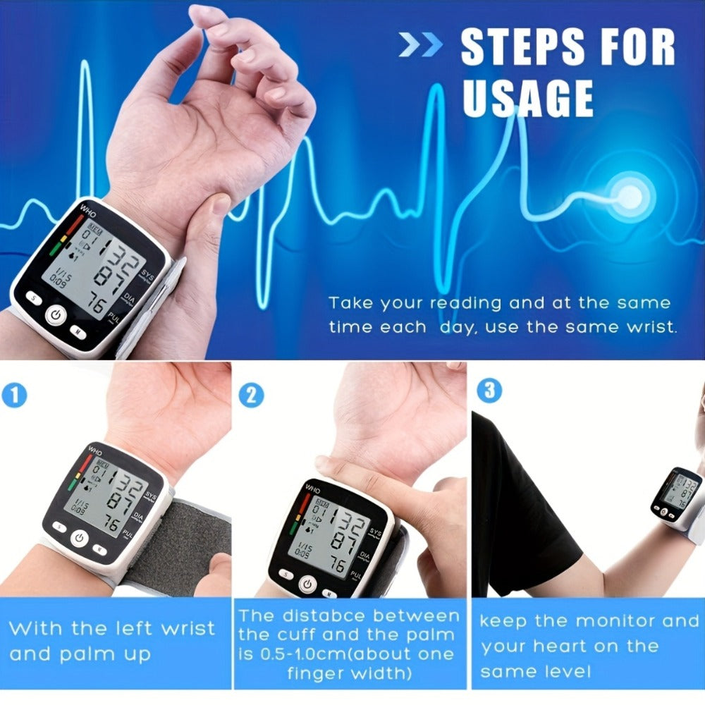 Blood Pressure Monitor for Wrist, Rechargeable LCD Device with Voice, 2 x 99 Memory and Portable Case
