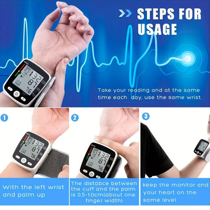 Blood Pressure Monitor for Wrist, Rechargeable LCD Device with Voice, 2 x 99 Memory and Portable Case