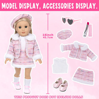 18 Inch Doll Knitted Clothes Outfit Set with Hat Jacket Skirt Shoes Socks Sunglasses Lipstick