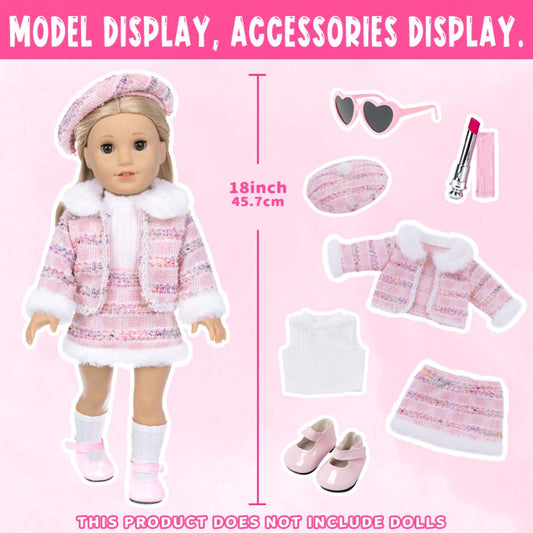 18 Inch Doll Knitted Clothes Outfit Set with Hat Jacket Skirt Shoes Socks Sunglasses Lipstick