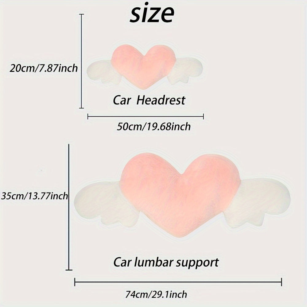 Car Headrest Neck Pillow Heart Shape with Angel Wings – Cute Plush Lumbar Cushion & Seat Back Pillow, Car Interior Decor Accessory