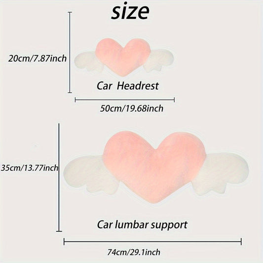 Car Headrest Neck Pillow Heart Shape with Angel Wings – Cute Plush Lumbar Cushion & Seat Back Pillow, Car Interior Decor Accessory