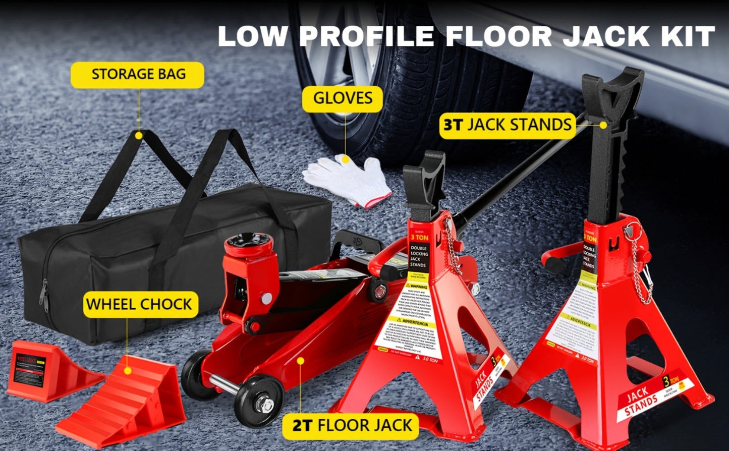 Hydraulic Floor Jack Kit 2/2.5/3 Ton Low Profile Trolley Jack with Jack Stands, Tire Repair Kit, Wheel Wrench & Wheel Chock Combo – Red/Blue