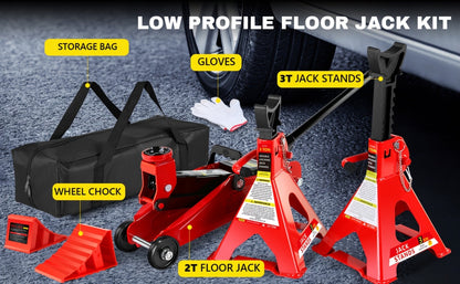 Hydraulic Floor Jack Kit 2/2.5/3 Ton Low Profile Trolley Jack with Jack Stands, Tire Repair Kit, Wheel Wrench & Wheel Chock Combo – Red/Blue
