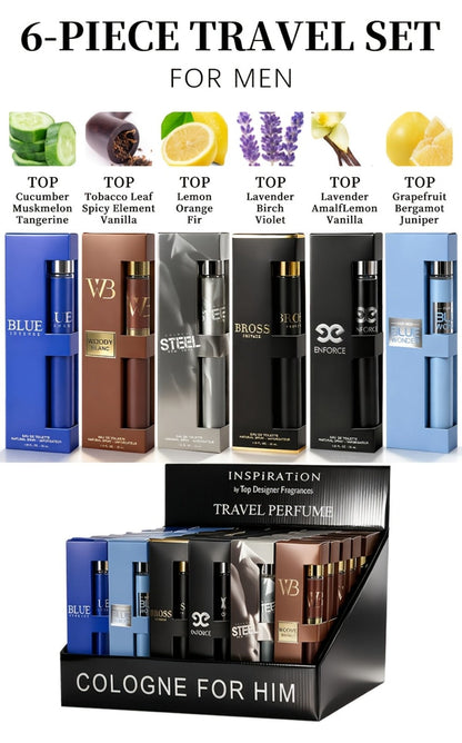 Travel Cologne Gift Set for Men – 6-Piece Mini EDP Spray Sampler, Long Lasting Unique Scents, TSA-Friendly Travel Size