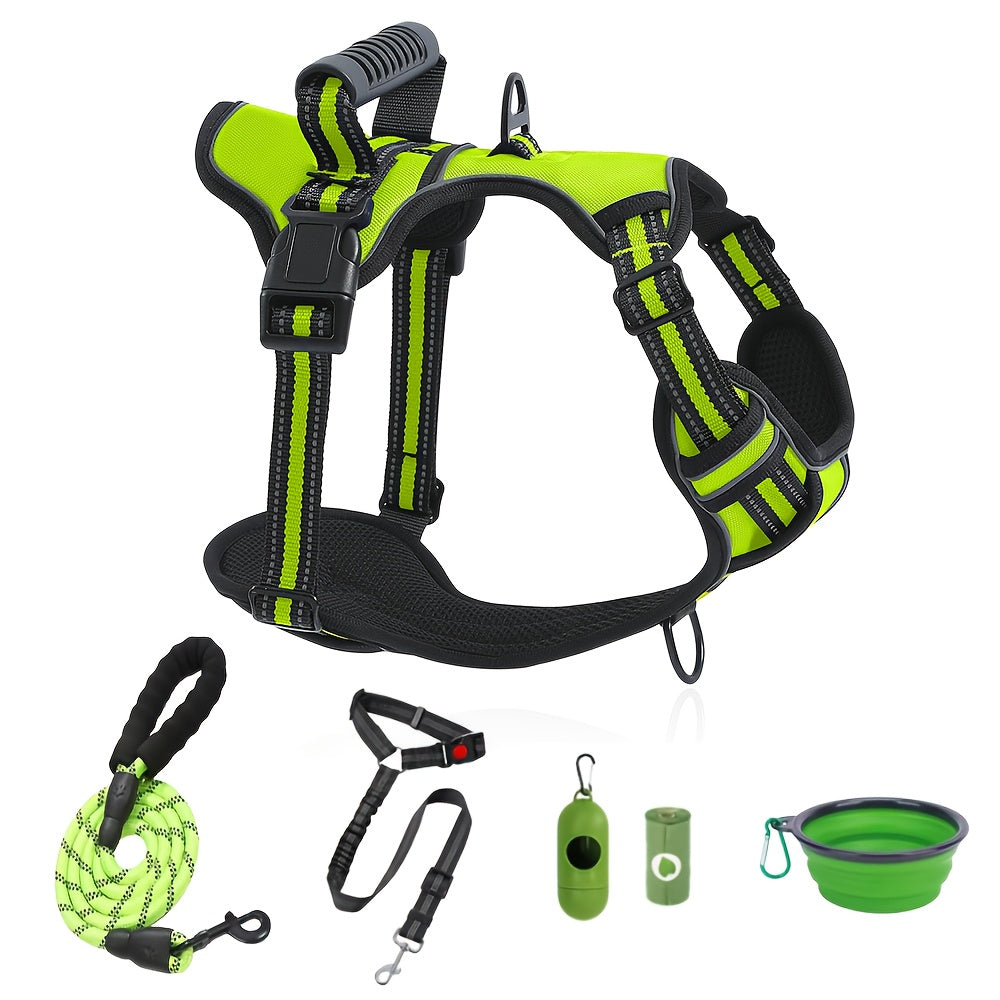 Walking Dog Harness and 5-Foot Leash Set in Five Colors and XS–XL with Front Clip, Top Clip and Handle