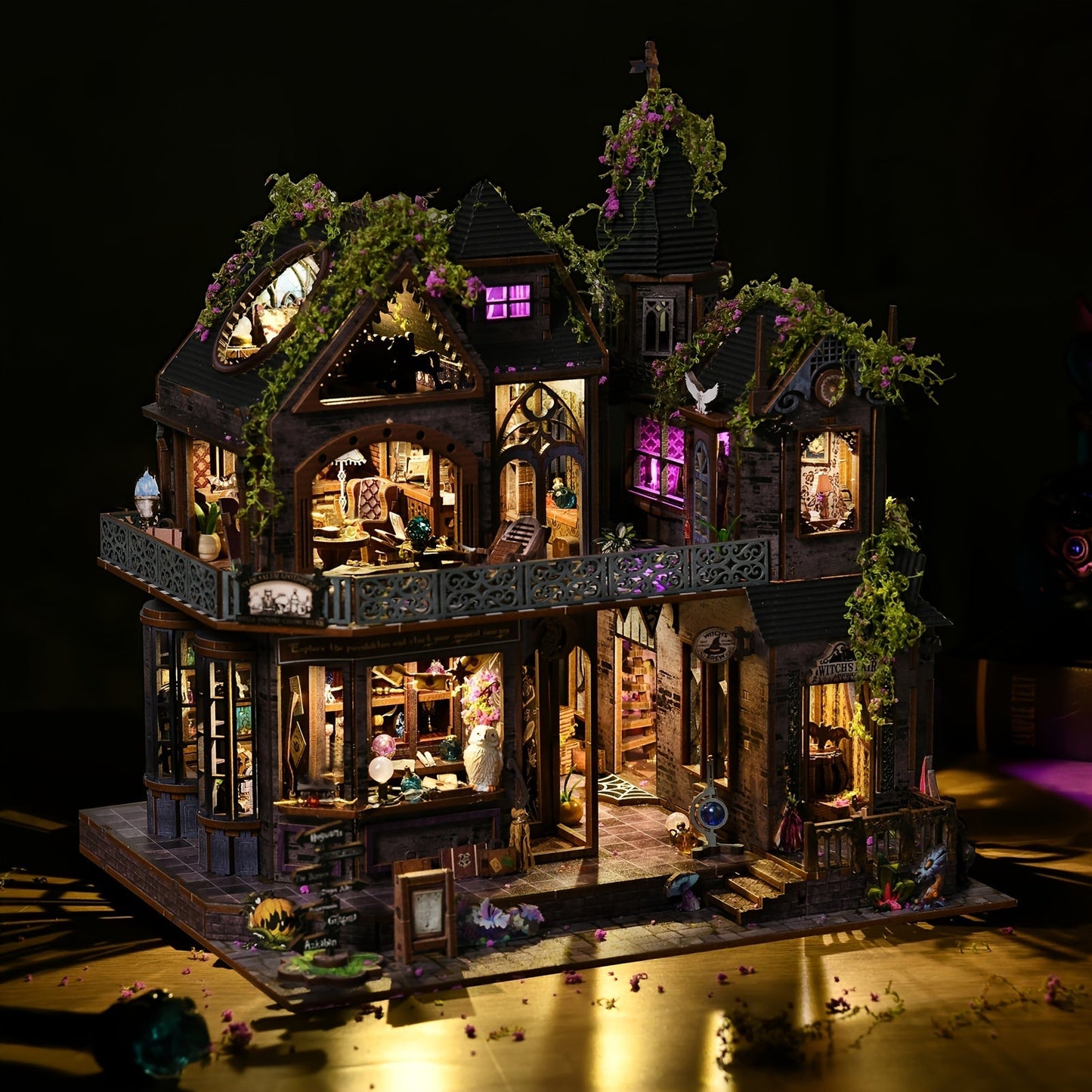 3D Wooden Puzzle Magic Castle Model Kit – DIY Assembly with Owl, Magic Hat & Flowers, Bookshelf Desk Decoration