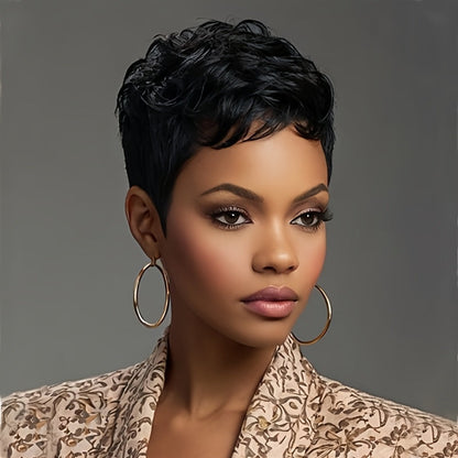 Layered Pixie Wig with Bangs Body Wave Rose Net Cap 4 Inch Synthetic Multi Color Black Burgundy Brown Red for Women Low Maintenance Casual