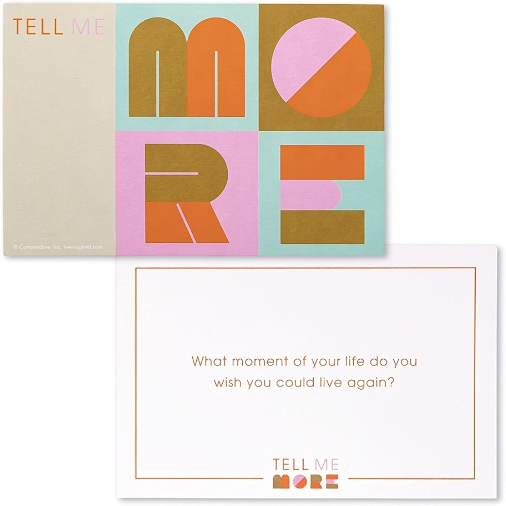 Tell Me More Conversation Card Game with 52 Question Cards, English-Language Prompts and Brown Box