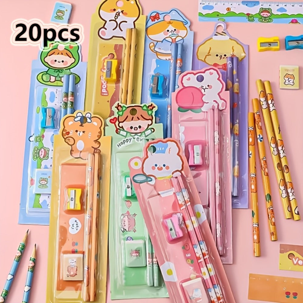 20-Piece Cartoon Pencil Stationery Set with Ruler Eraser Sharpener, Random Cartoon Styles, Kids School Supplies, Party Favor Prizes
