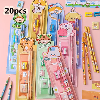 20-Piece Cartoon Pencil Stationery Set with Ruler Eraser Sharpener, Random Cartoon Styles, Kids School Supplies, Party Favor Prizes