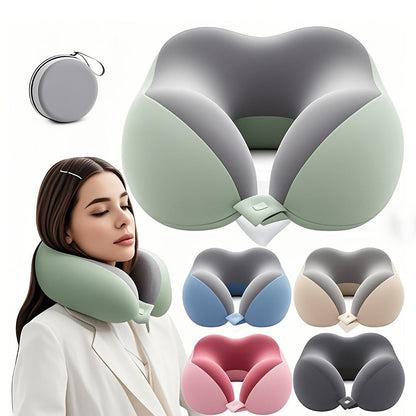 Rollable Memory Foam Travel Neck Pillow with Round Storage Case in Beige, Black or Pink-and-Gray Color Block
