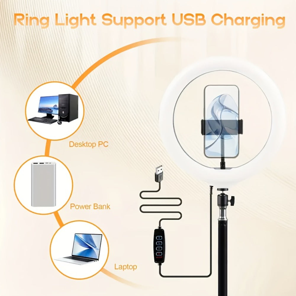 10- or 18-Inch Ring Light with Cable Power, Adjustable Brightness and Desktop or Floor Stand Options