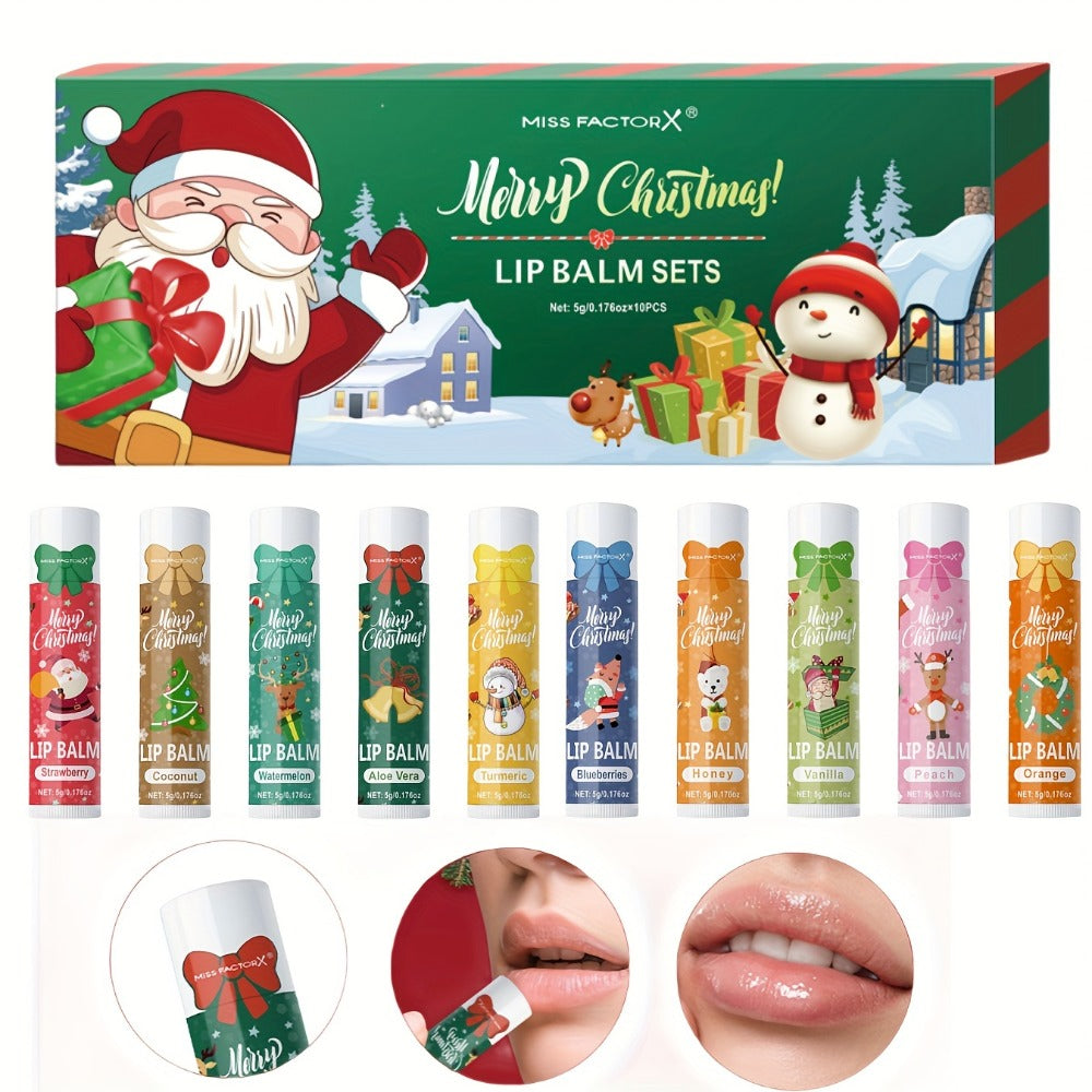 Moisturizing Lip Balm Set 10-Pack with Vitamin E – MISS FACTORX Natural Look Lipstick Collection for Women, Hydrating & Nourishing