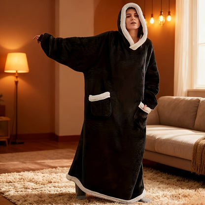 180cm Wearable Blanket Hoodie with Hood, Sleeves, Front Pocket and Four Solid or Plaid Color Options