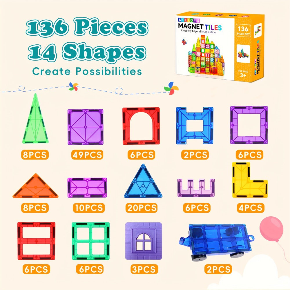 Magnetic Tiles Building Set for Kids 3 4 5 6 7 8 – 80 106 136 205pcs Clear 3D Magnet Building Blocks STEM Educational Toy Child-Safe ABS