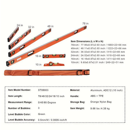 Torpedo Level Set 6-Piece Magnetic Aluminum Alloy | 10 16 24 32 48 78 Inch Spirit Level with 45 90 180 Degree Bubble Vials | Shock-Resistant