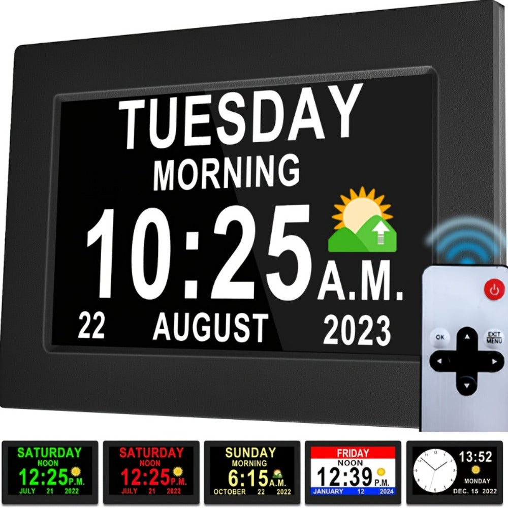 Digital Photo Frame Clock Large Display Calendar Alarm Clock for Seniors USB Powered Supports for Entryways, Bedrooms and Living Spaces