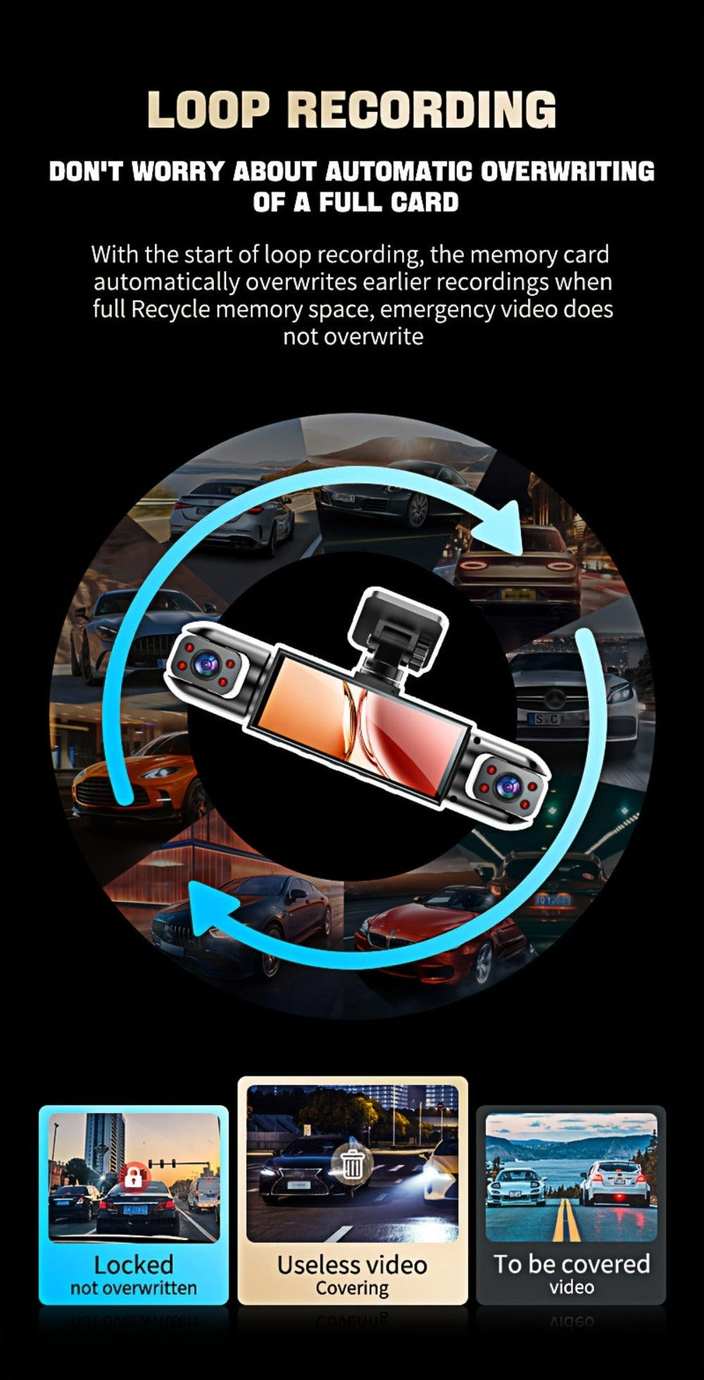 360° Panoramic Dash Cam 3 & 4 Lens 1080P HD Front + 720P Rear Left Right, Quad-Split Screen, HD Night Vision WDR G-Sensor Loop Recording