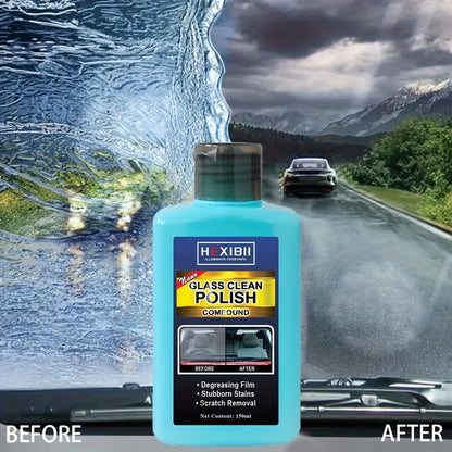 Car Glass Polish by HEXIBII, 150ml Oil-Film Cleaner Compound with Two Sponge Applicators for Windshields