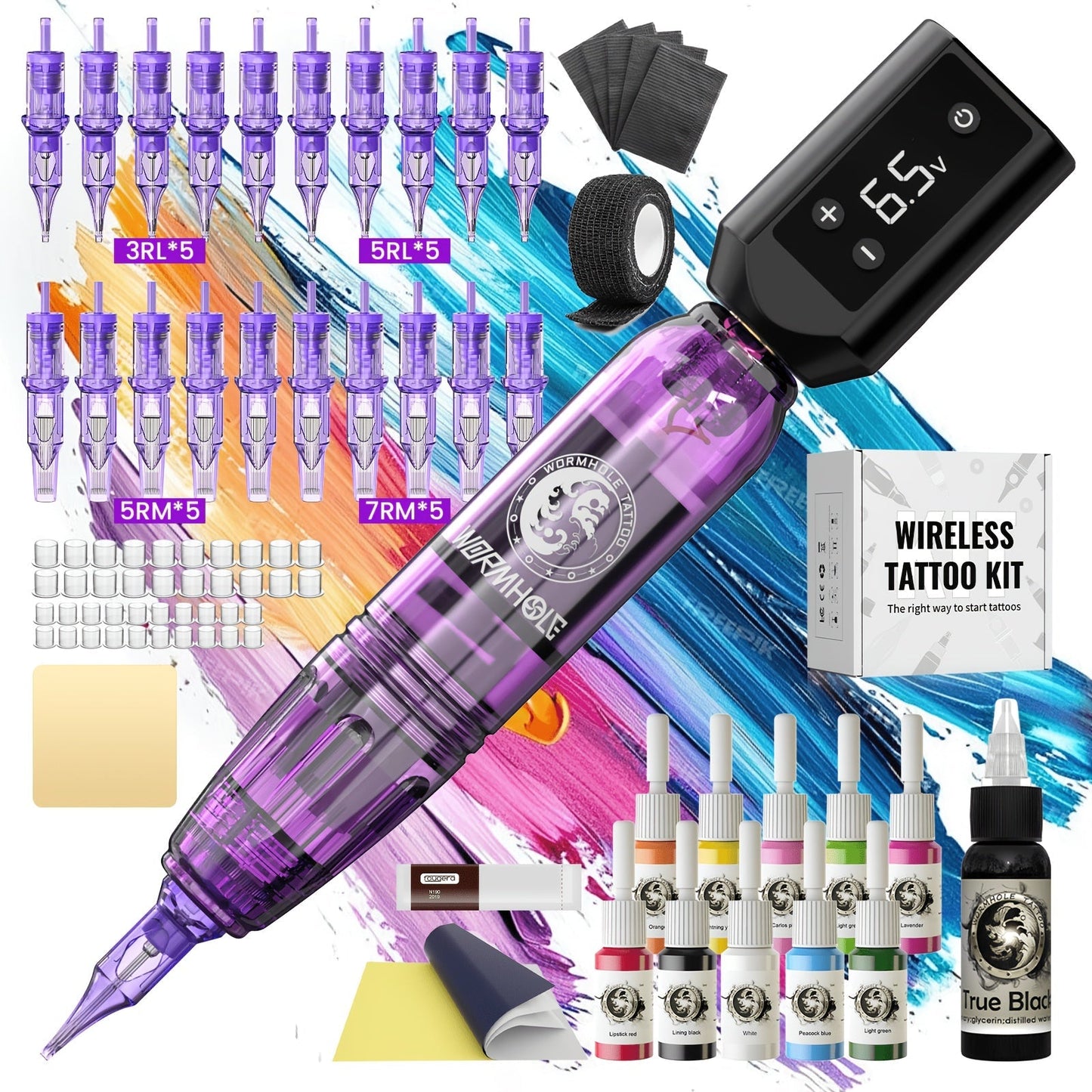 Tattoo Machine Kit WORMHOLE WTK0245 or WTK0246 Wireless Pen with 1200mAh Battery, Digital Display and 8000RPM Motor