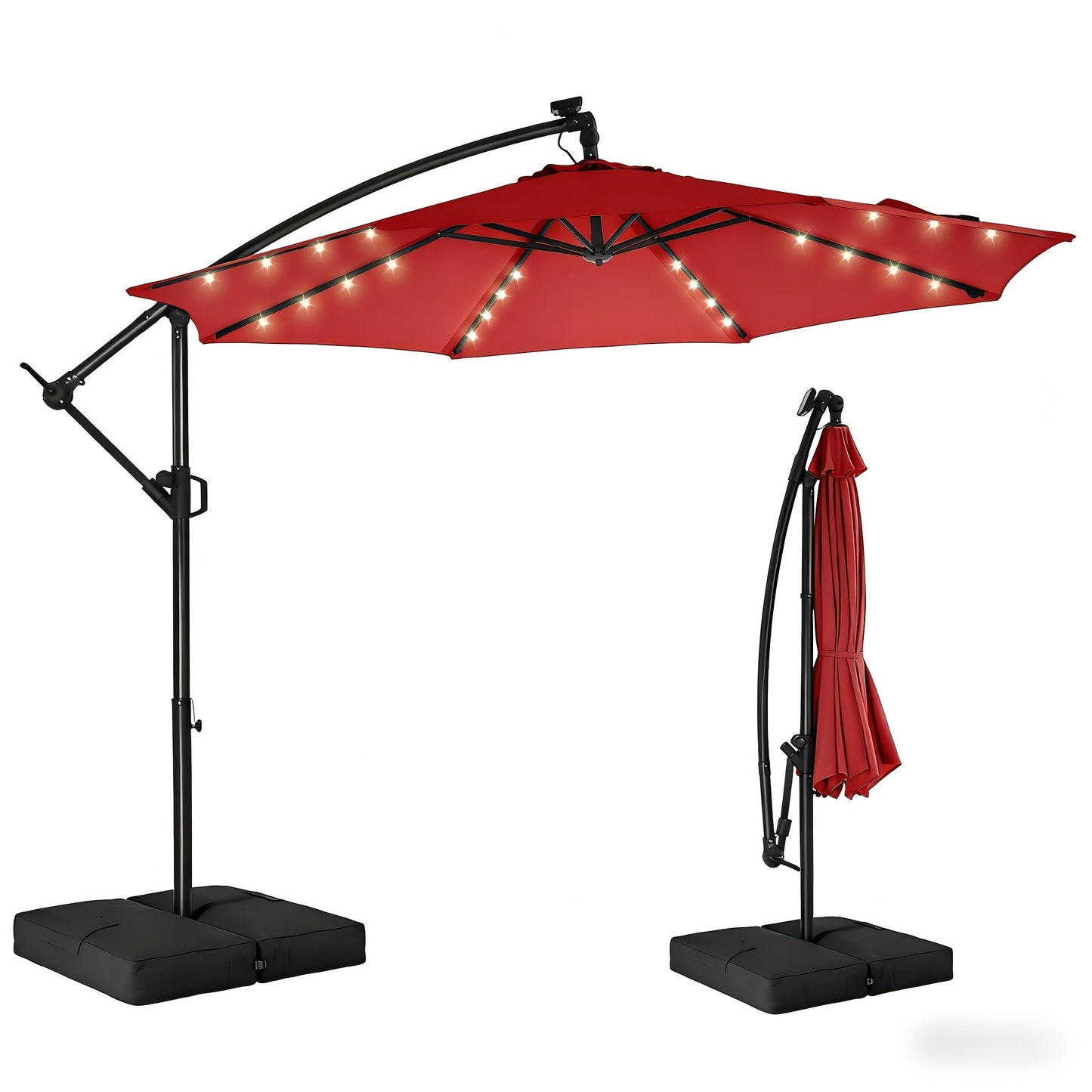 Patio Umbrella 10FT Solar LED Cantilever Style with 32 Lights, Eight-Rib Frame, Tilt and Four Colors