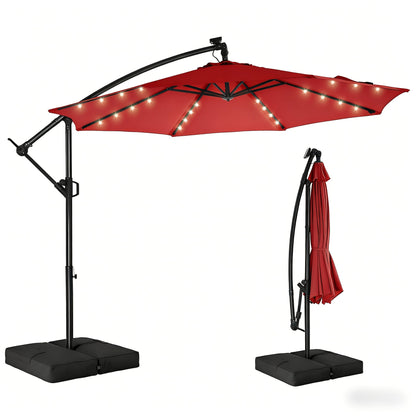 Patio Umbrella 10FT Solar LED Cantilever Style with 32 Lights, Eight-Rib Frame, Tilt and Four Colors