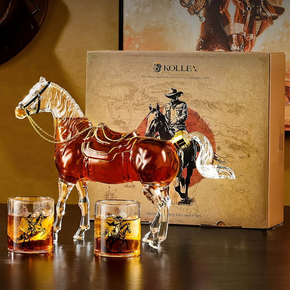 Horse Whiskey Decanter Set with Clear 67 oz Horse-Shaped Bottle and Two 9.8 oz Cowboy Glasses for a Western Bar Display