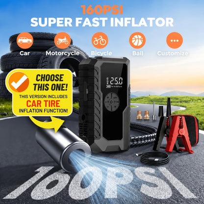 160PSI Air Pump Jump Starter 12V – Portable Car Emergency Starter, LED Light & Battery Charger, Winter Essential, 2 Styles