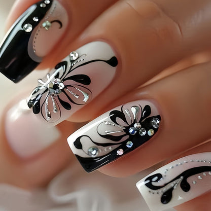 Press On Nails 48-Piece Medium Square Black and White Matte French Tip Butterfly Full-Cover Set