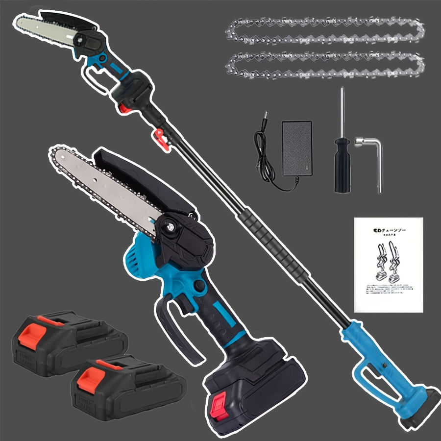 Pole Saw Set with Electric Chainsaw, 6-Inch Cordless Pruner, Long-Handle Scissor Kit, Safety Lock for Tree Pruning & Landscaping