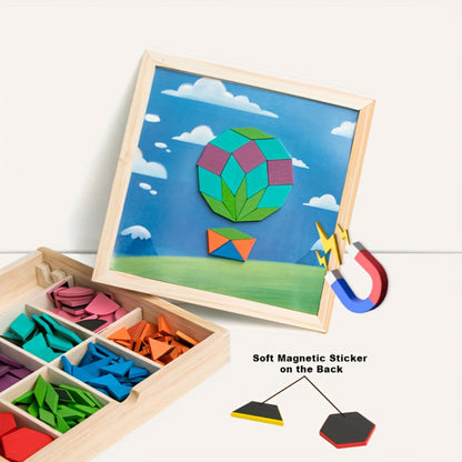 Magnetic Wooden Puzzle Blocks 128 180 220 Piece Set, Geometric Figures Cognitive Learning STEM Toy for Kids