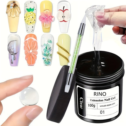 Clear Poly Nail Extension Gel 2-Piece Set, 100g Jars with Application Brush for 3D Sculpting and Rhinestone Nail Art