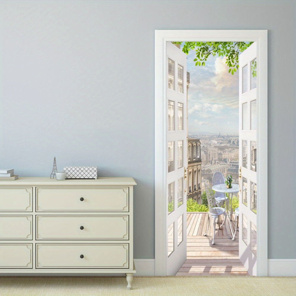 Balcony-View Door Mural Panel Set with Two 17.7-Inch Sheets and 35.43 x 78.74-Inch Final Scene