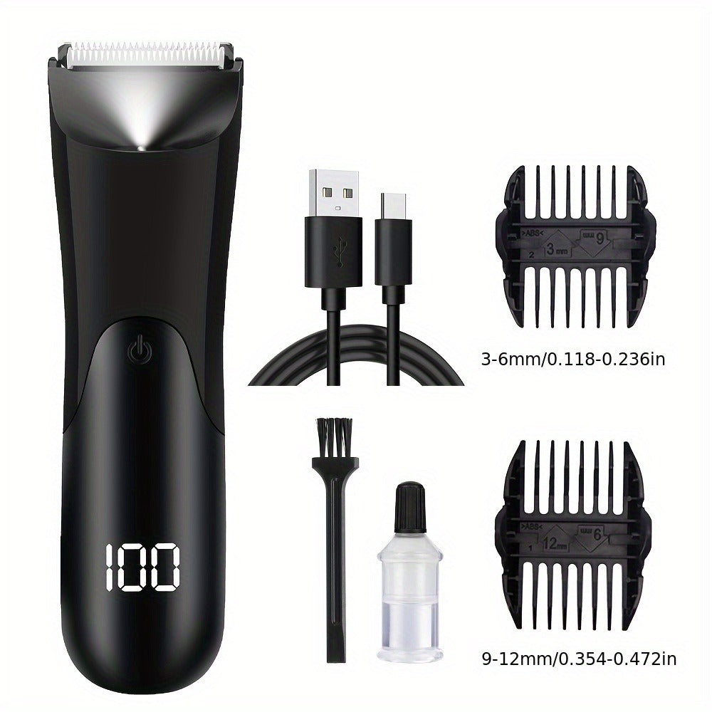 V-Shaped Ceramic-Blade Body Hair Trimmer with LCD Display, USB Cable, Guide Combs and Six Finish Options