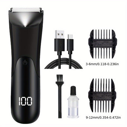 V-Shaped Ceramic-Blade Body Hair Trimmer with LCD Display, USB Cable, Guide Combs and Six Finish Options