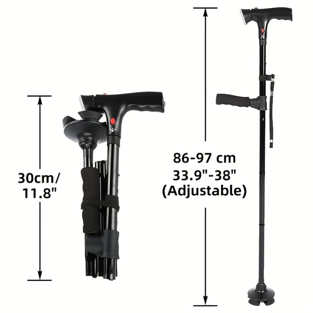 Foldable Walking Cane for Seniors Adjustable Height Folding Stick with Wrist Strap T-Handle for Entryways, Bedrooms and Living Spaces