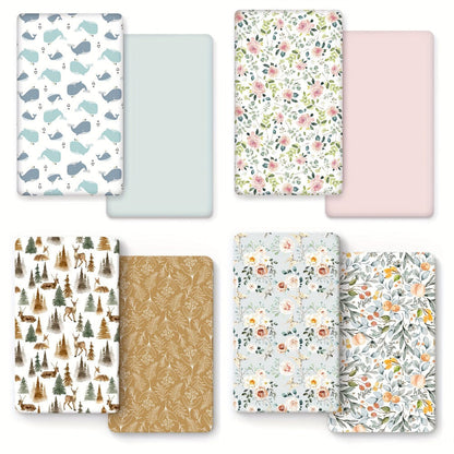 Two-Pack Printed Microfiber Fitted Sheets with Pink Flower, Whale or Deer Patterns for Portable and Home Mattresses