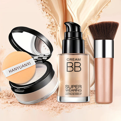 BB Cream Makeup Kit with Loose Setting Powder Brush & Sponge – Full Coverage Waterproof Long-Lasting Hydrating Foundation Set for All Skin