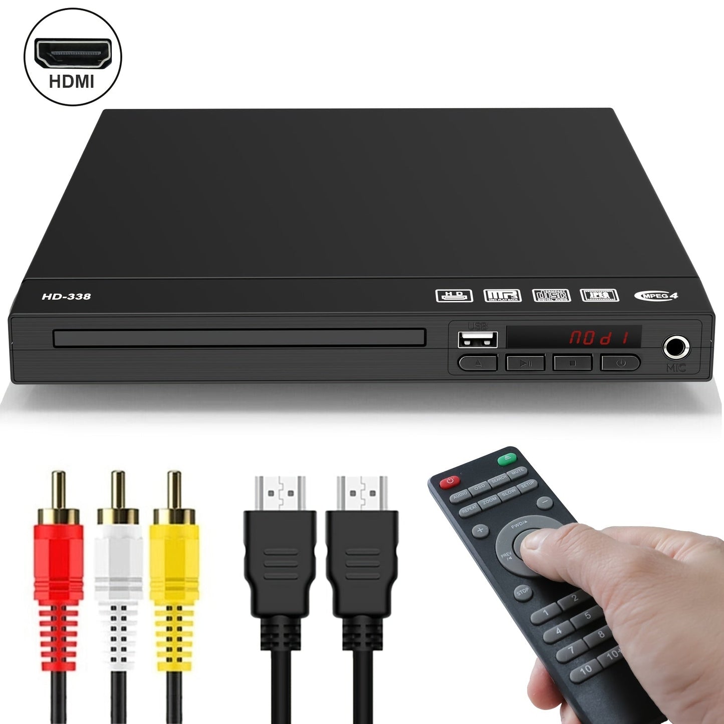 Black HDMI DVD Player with USB Port, HDMI and RCA Outputs, Remote Control and Both Cables Included