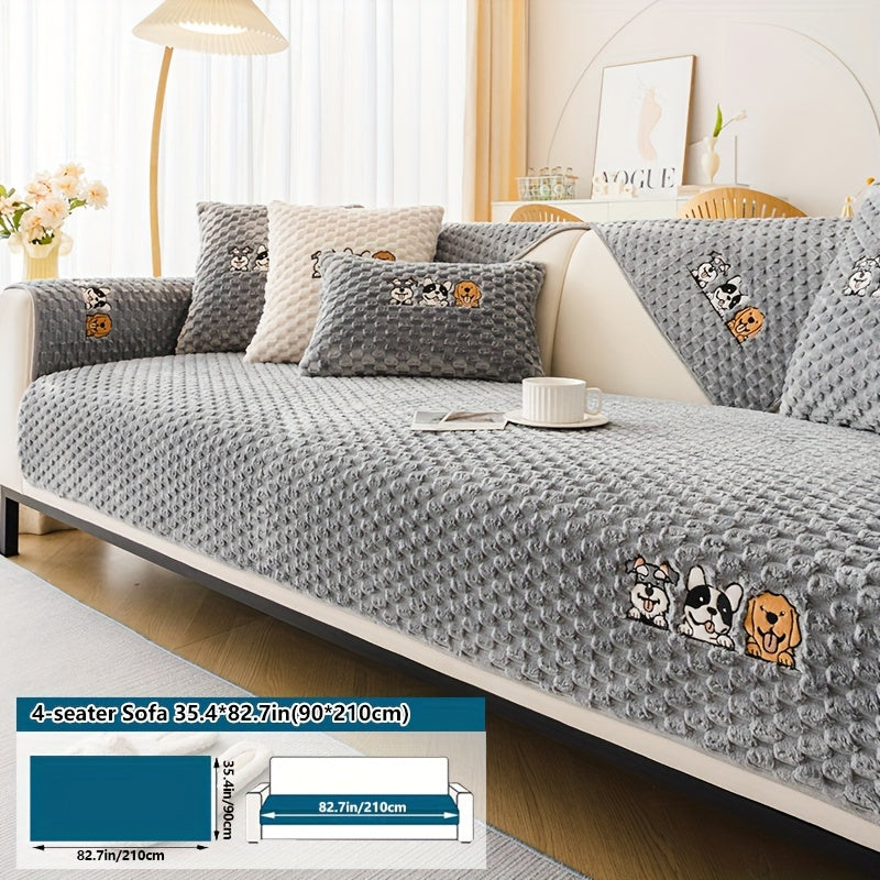 Sofa Cover, Honeycomb Velvet Animal-Embroidered Couch Pad with Backing Detail in Three Colors