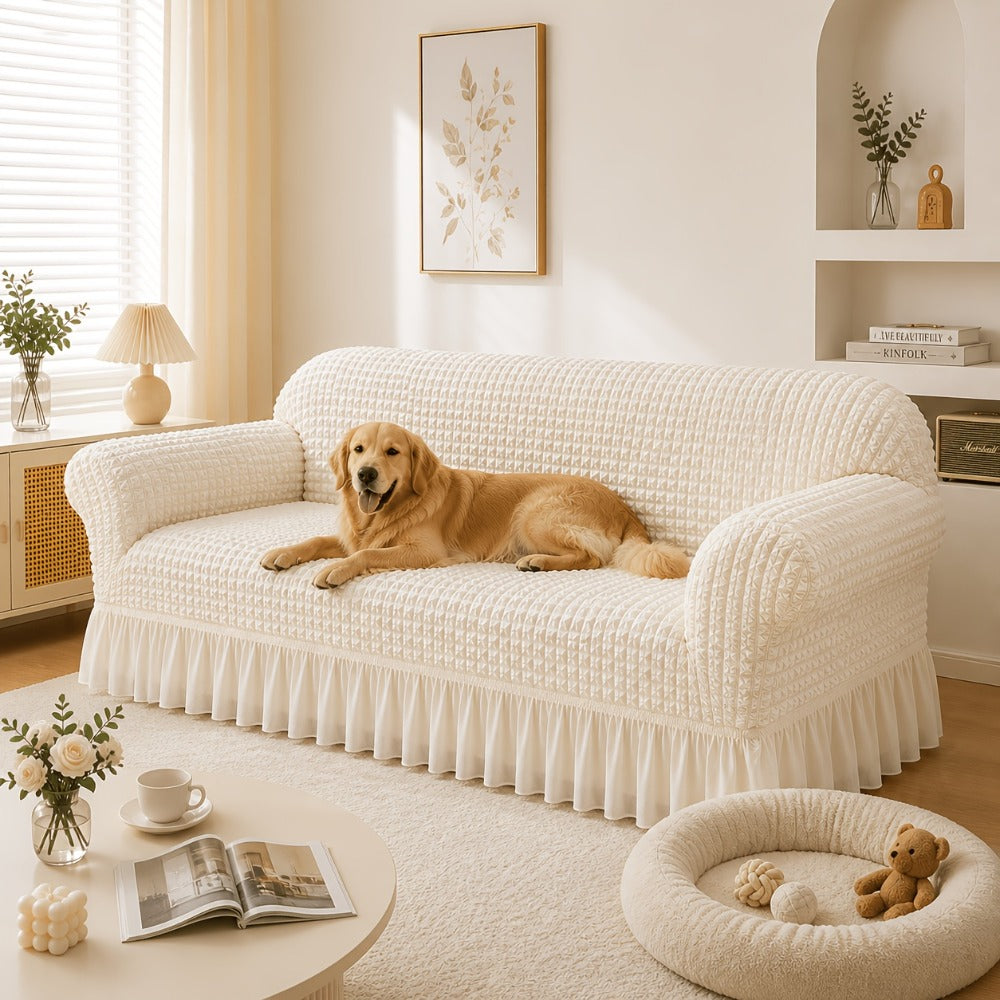 Seersucker Sofa Slipcover Elastic Band Closure Pet-Friendly All-Purpose Sofa Cover for Living Room Home Decor Protection