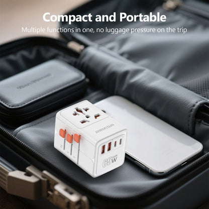 65W Universal Travel Adapter with 4 USB Ports - 2 USB-C & 2 USB-A Fast Charging, US EU UK AU Plugs