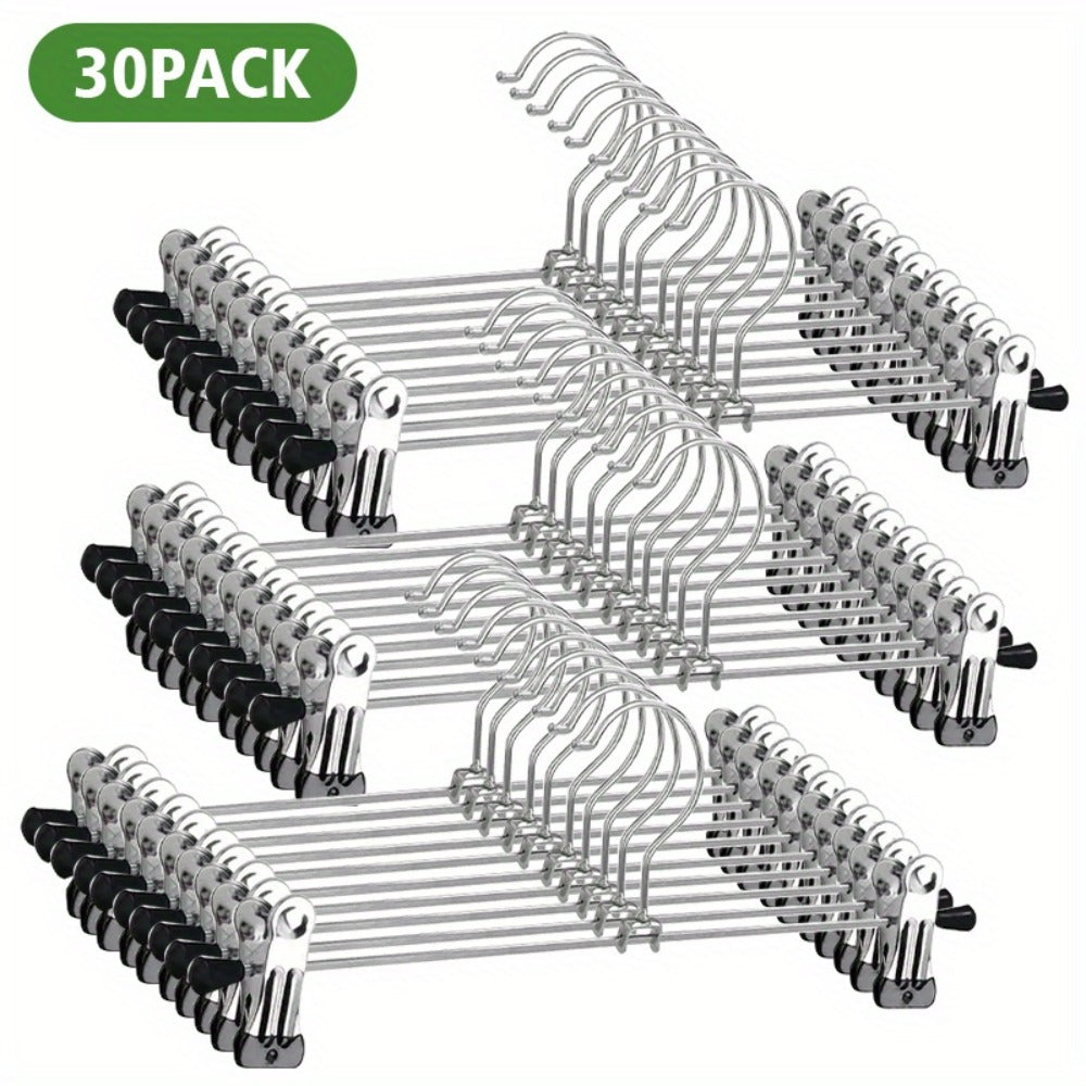 Pants Hangers with Clips 30-Pack – Adjustable Metal Skirt Hangers with 360° Rotatable Clips for Jeans, Trousers, Skirts, Dresses & Ties