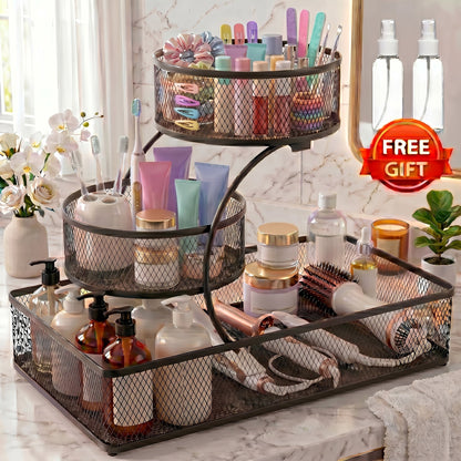 Three-Tier Metal Mesh Countertop Organizer with Black or White Finish and Optional Hooks or Spray Bottles